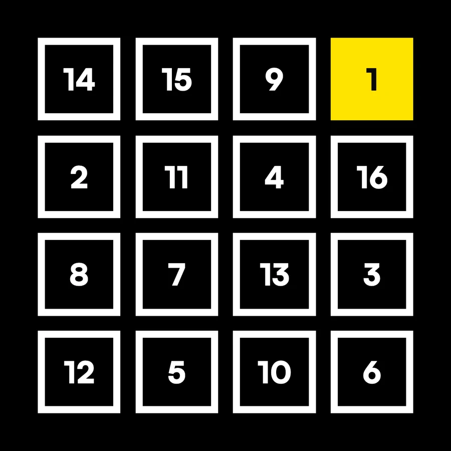 Bingo board — numbered four by four grid