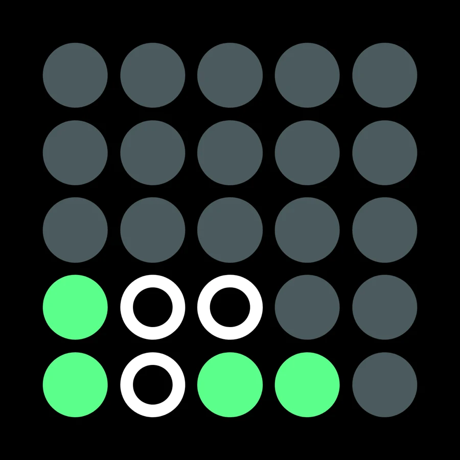 Connect 4 board — tokens dropped in a five by five grid